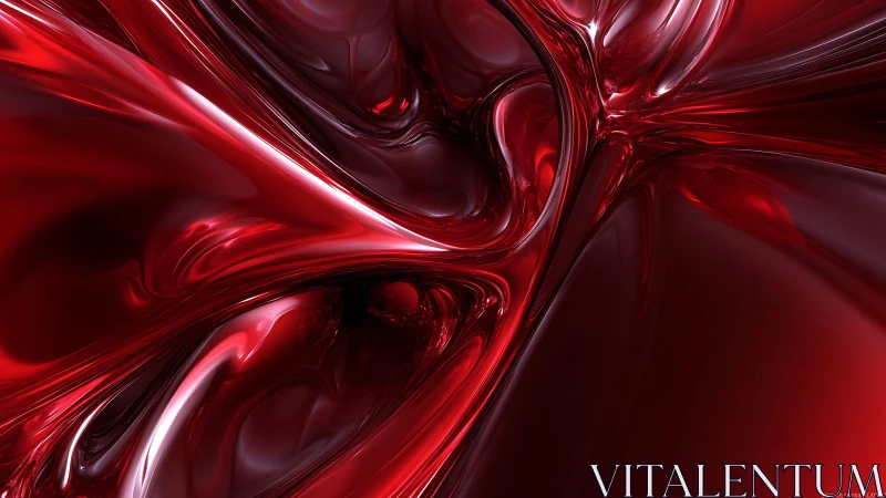 Glossy Red Abstract Swirl Digital Art With Fluid Reflections.