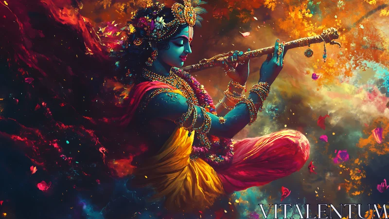 Celestial flute player drifting through blazing cosmic bloom.