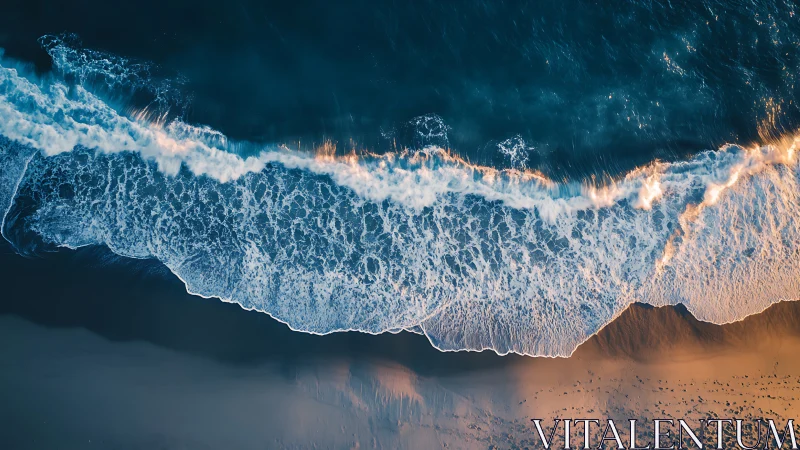 Aerial shoreline wave front with oblique golden hour illumination