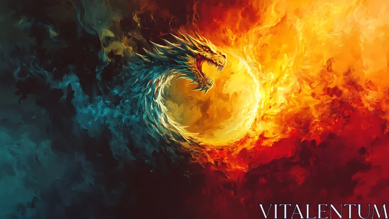 Fiery dragon swirling through light and shadow in stormy sky.