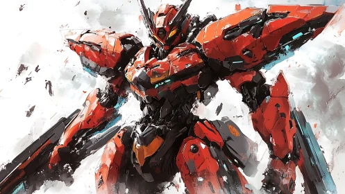 Crimson combat mecha storms battlefield in dynamic blast