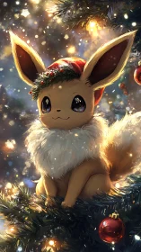 Cute foxlike creature wears Santa hat amid glowing tree