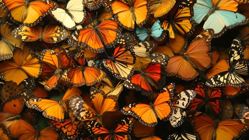 Clustered butterflies in varied orange, cream and blue coloration.