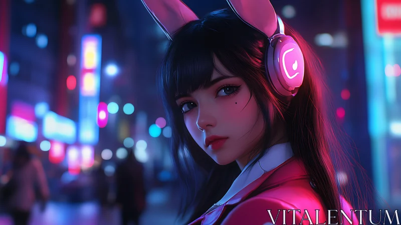 Neon cityscape portrait of cyber audio gamer with bunny rig.