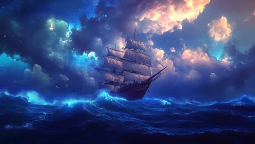 Majestic tall ship cuts through neon waves beneath storm clouds
