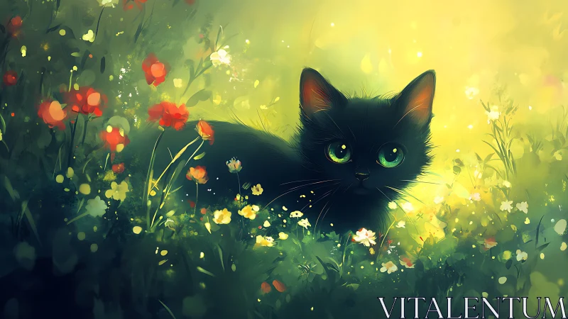 Black Cat in Luminous Flower Garden.