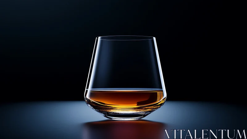 Whiskey glass on reflective surface against dark background.