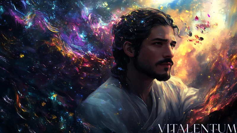 Stargazer in swirling cosmic light and quiet inner fire.