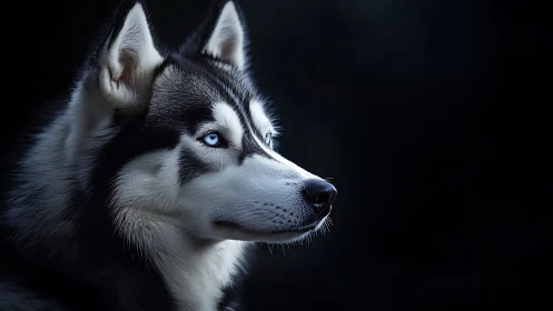 High-contrast husky portrait with blue eyes on dark background
