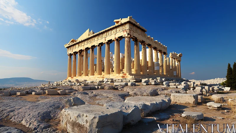 Parthenon temple ruins glow under clear Athenian sky.
