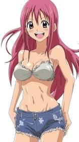 Smiling pink haired anime girl in ruffled bikini and shorts