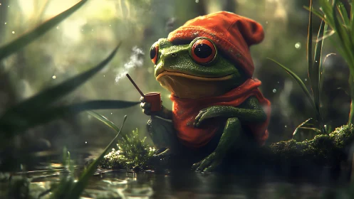 3D woodland frog sage in cloak with atmospheric rim lighting.