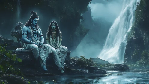 Two seated blue figures observe a waterfall in dense forest