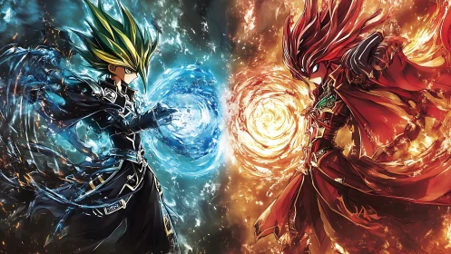 Elemental duel between opposing blue and red anime mages.