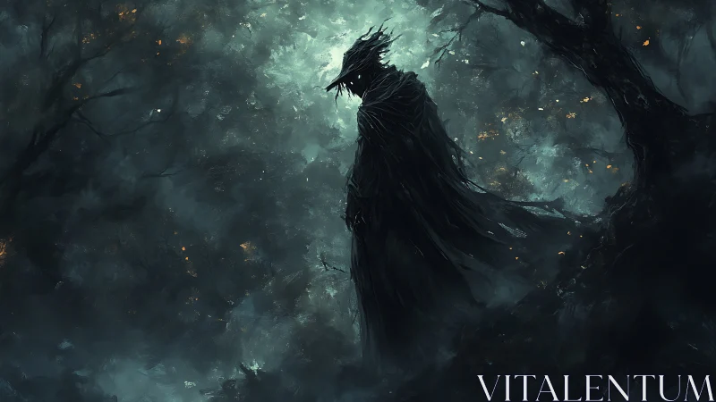 Solitary cloaked figure in dark wooded environment at night.