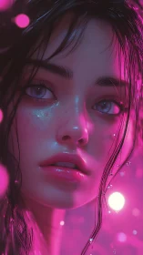 Neon soaked gaze of a dreamlike girl in shimmering pink haze.