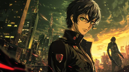 Fiery eyed hero stands strong above a restless neon city