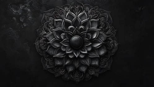 Dark floral mandala unfurls in intricate metallic petals