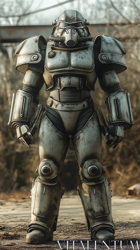 Armored combat exosuit stands in rusted industrial yard.