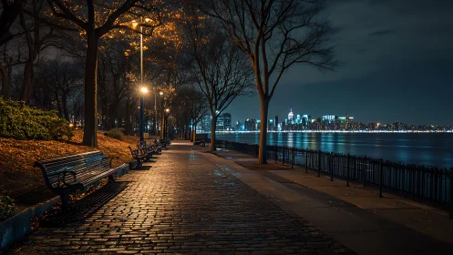 Riverwalk benches courting neon citylights at blue hour.
