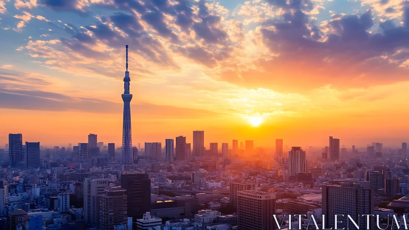 Tokyo urban skyline with communications tower at sunrise.