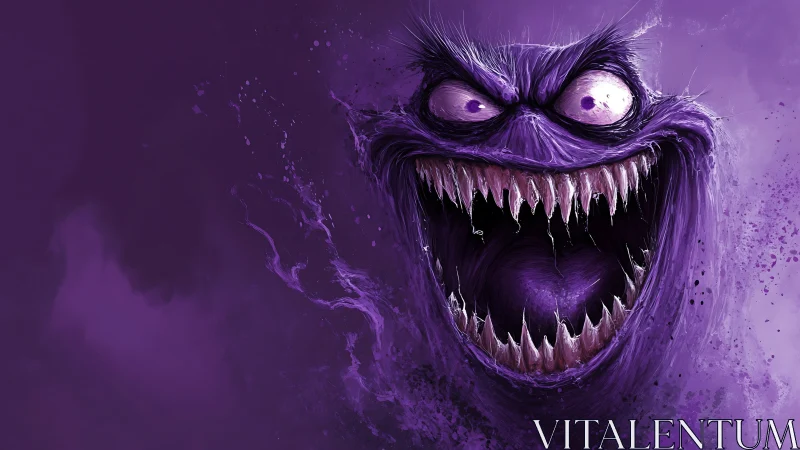 Purple monster head shows wide open mouth with sharp teeth