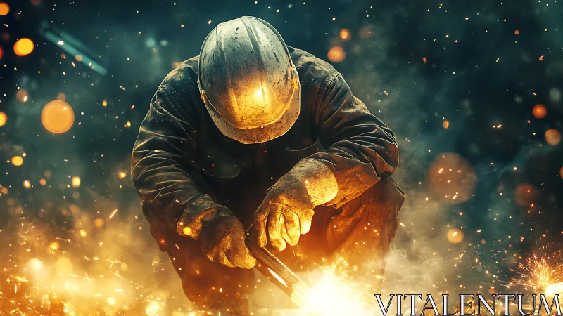 Forged sparks orbit a lone welder in a molten dusk storm