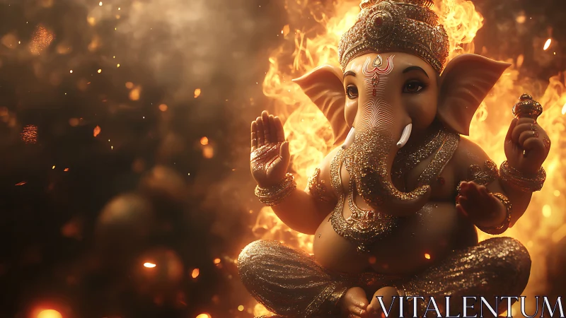 Divine Ganesha idol glows amid swirling sacred flames.