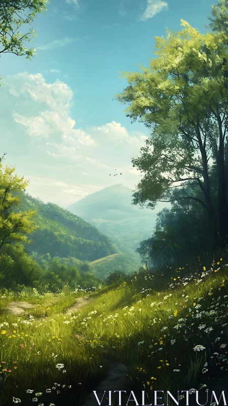 Sunlit wildflower valley path under distant blue mountains.