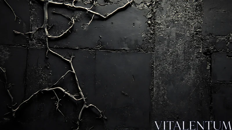Dark textured wall with bare branches in moody minimalist style.
