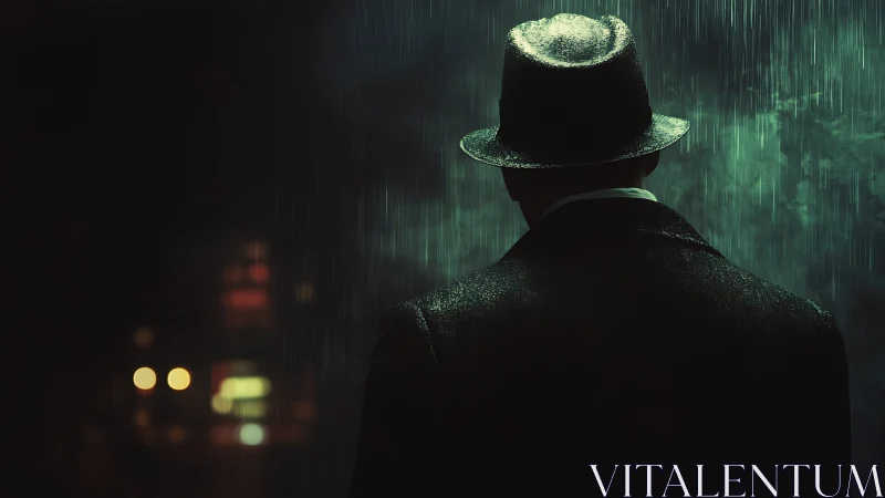 Man in fedora viewed from behind on rainy city street.