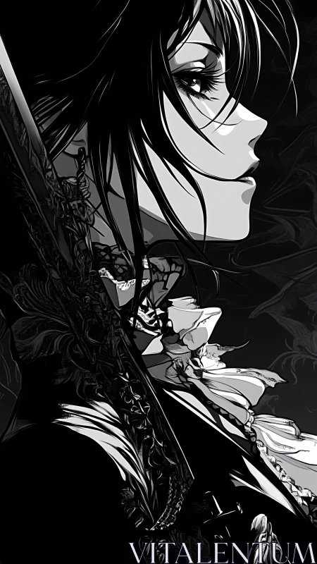 Monochrome anime warrior profile with detailed florals.
