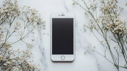 White iPhone with Black Screen Centered on Marble Background.