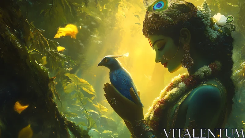 Divine figure with blue bird in glowing forest light.