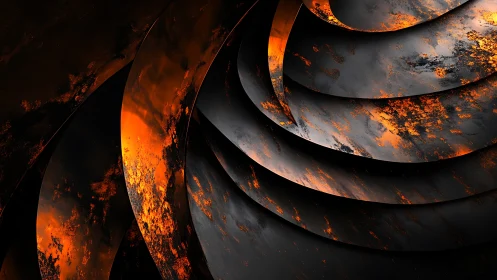 Glowing molten spirals curling through darkened metal.