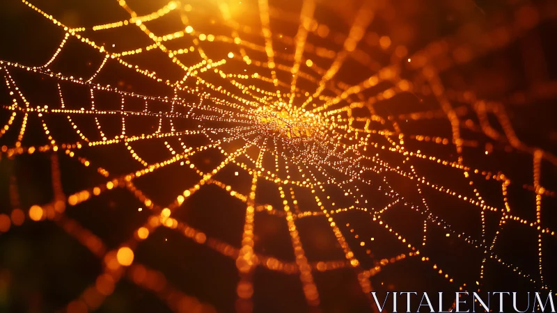 Glowing spiderweb sparkles like a golden galaxy at dawn