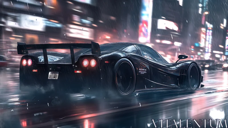 Cyberpunk supercar sprint in neon-soaked rain cityscape.
