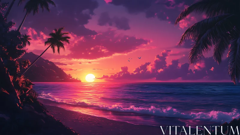Neon tropical sunset illuminates calm palm lined shoreline
