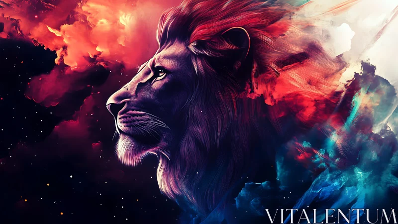 Cosmic lion profile in neon nebula with dynamic brushwork.