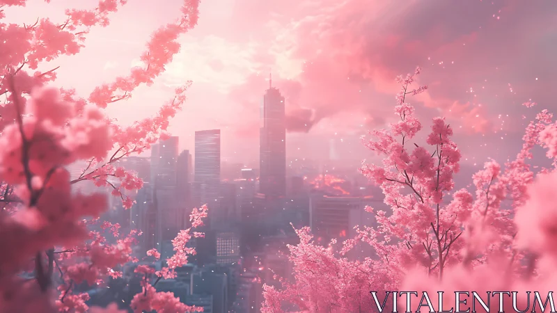 Neon blossom skyline wrapped in dreamlike sakura haze.