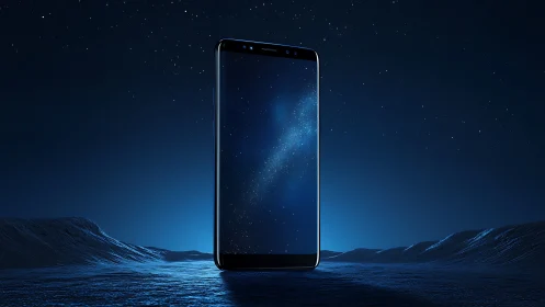 Midnight smartphone monolith crowned with a drifting galaxy.