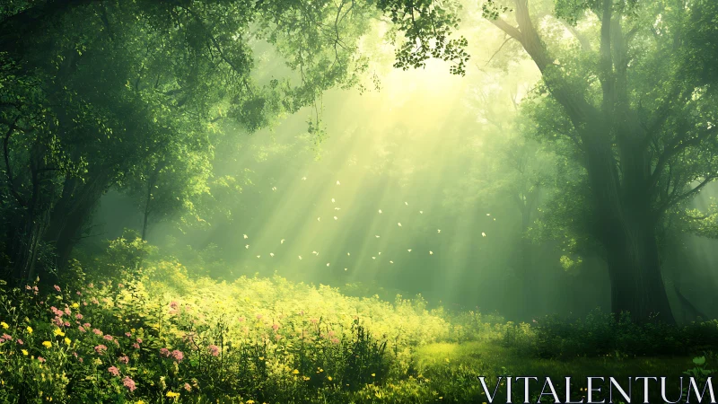 Enchanted Forest Glade With Golden Light Rays and Bloom