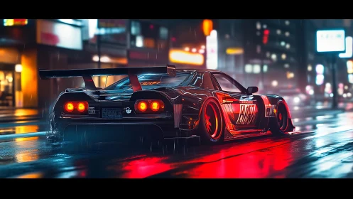 Widebody tuner coupe in neon-soaked nocturnal streetscape.