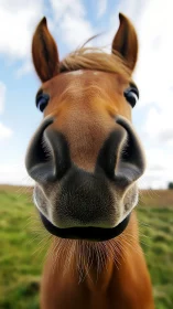 Close-up frontal view of horse muzzle in rural field.