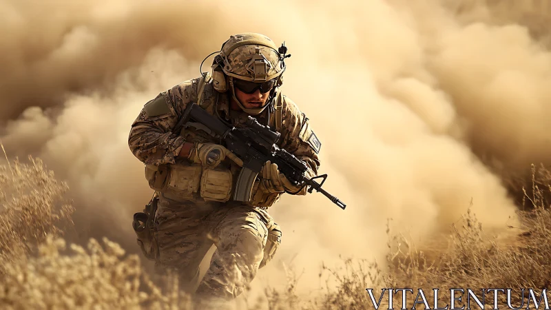 Combat soldier advances through desert dust under fire.