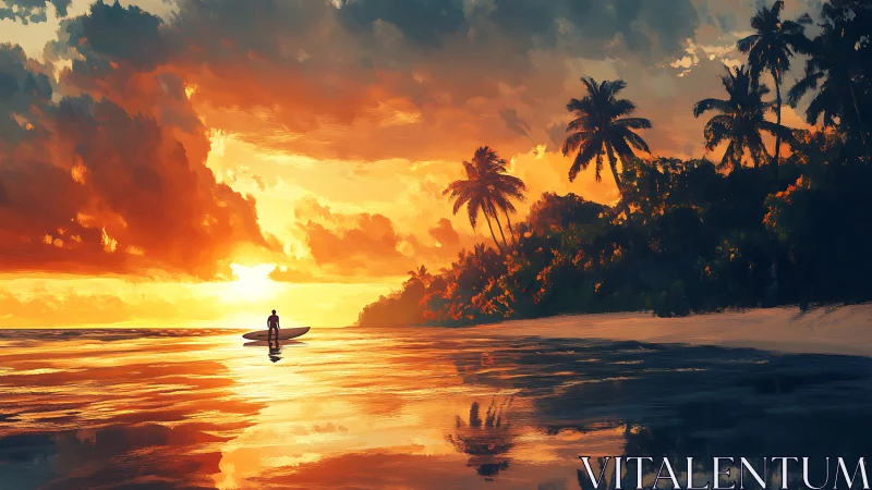 Surfer watches blazing tropical sunset over calm shoreline.