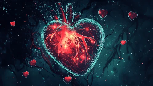 Luminescent Anatomical Heart With Pulsating Energy Streams. Digital Science Fiction Visualization.