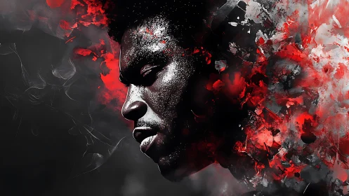 Profile portrait of man in red and black abstract smoke