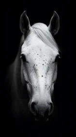 Monochrome frontal portrait of a light spotted horse head.