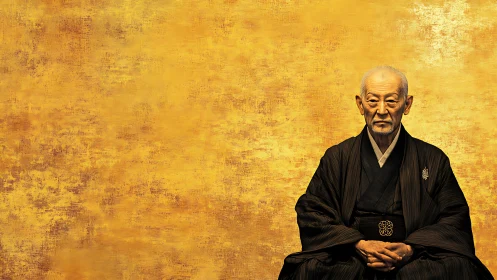 Elderly man in black kimono before textured golden backdrop.